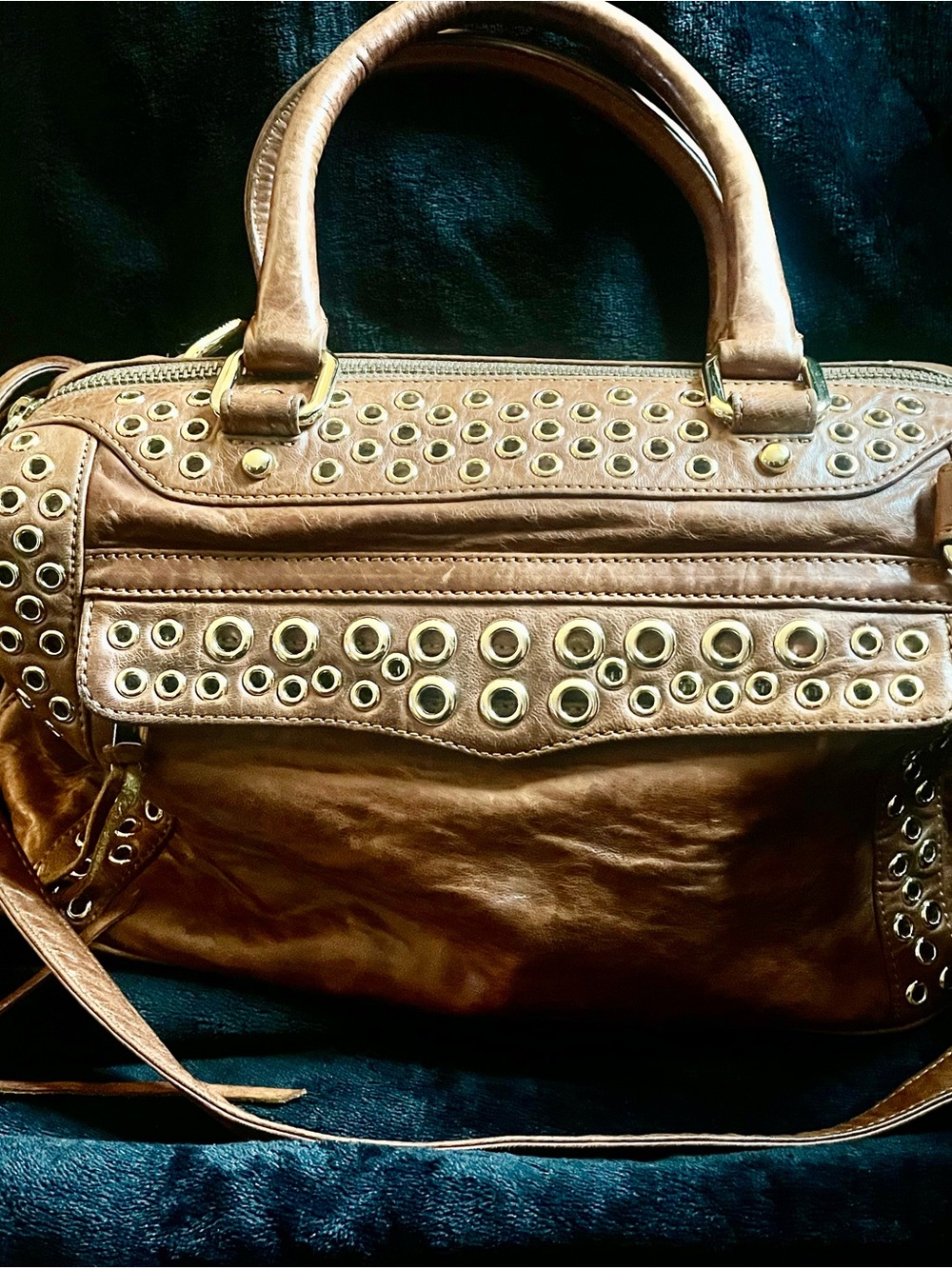 Rebecca Minkoff Studded Brown Shoulder Bag with Gold Eyelet Accents